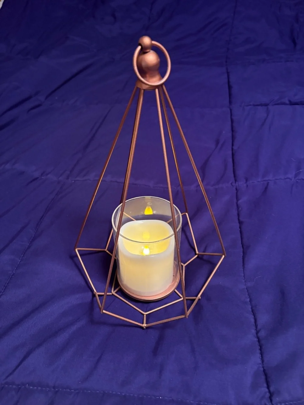 Copper Geometric Metal Lantern with LED Candle - Home Accents